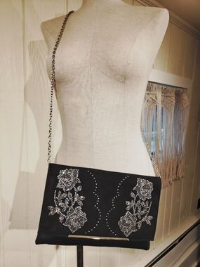 Black Floral Embellished Crossbody Clutch